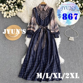 JYUN'S 春季新款名媛高階感法式復古印花長袖襯衫領長款繫帶綁帶收腰連衣裙長袖洋裝大尺碼1色M~2XL預購