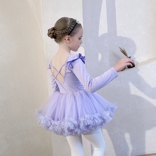 兒童舞蹈服長袖女童練功服飛袖考級TUTU裙洋裝 純棉幼兒芭蕾舞裙紫色兩件套110-160碼