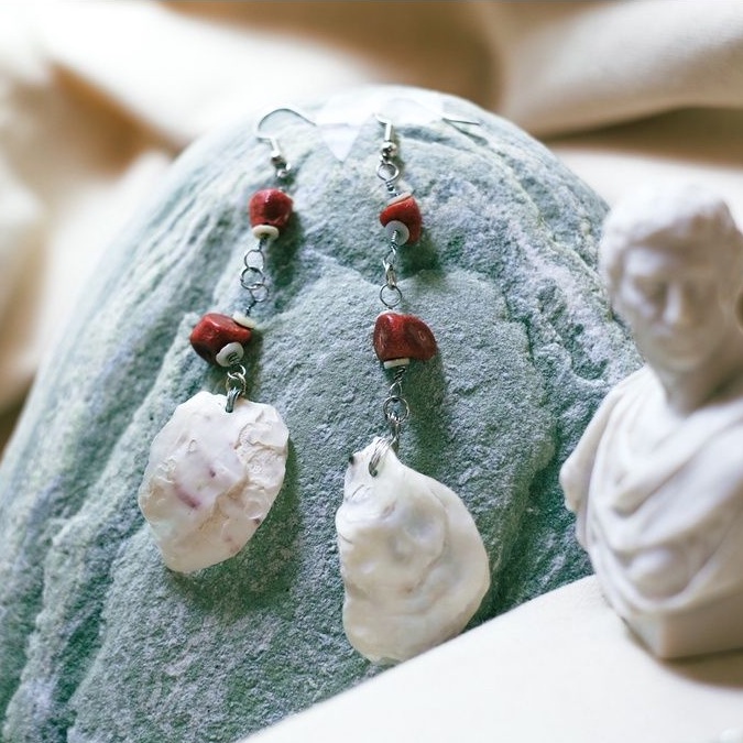 ☸貝殼耳環☸ 手作飾品 天然石 紅珊瑚 貝殼