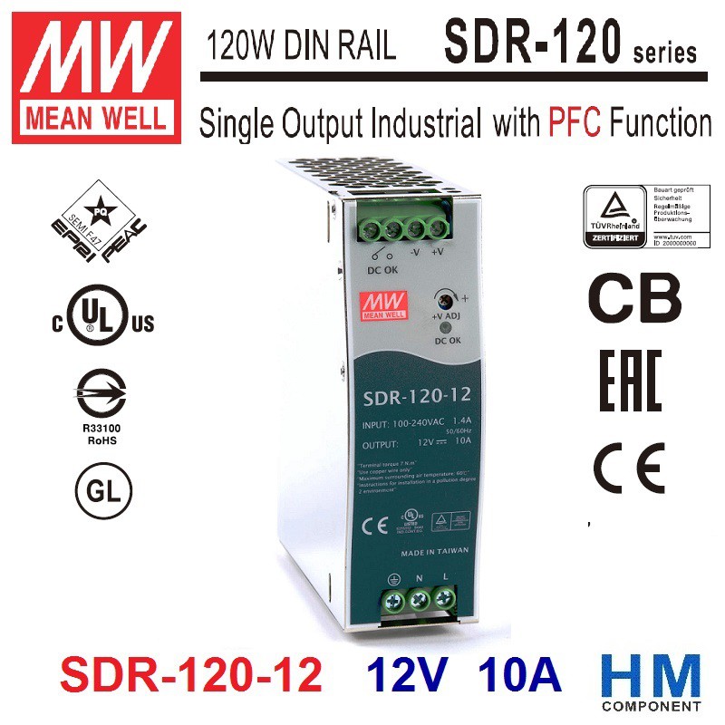 明緯 MW ( MEAN WELL)導軌電源供應器 SDR-120-12 12V 10A 有PFC功能 -HM工業自動化