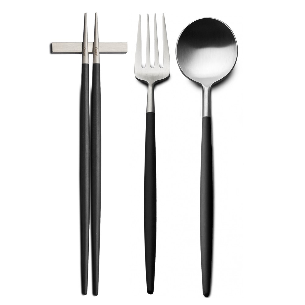 葡萄牙Cutipol GOA系列 黑柄霧面不銹鋼-主餐3件組(主餐叉匙+筷組)