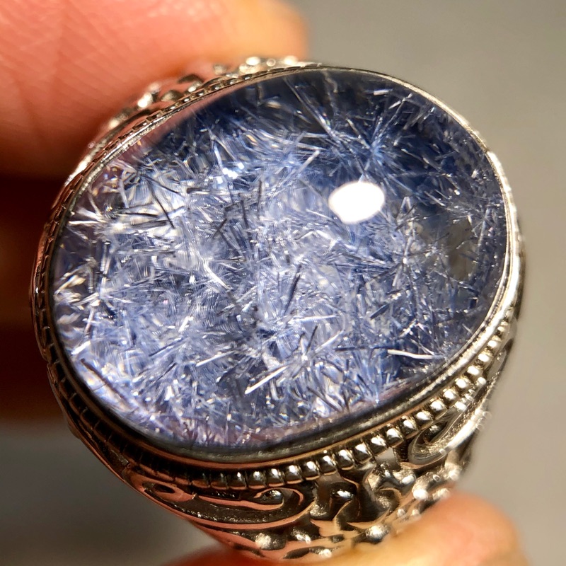 天然水晶 藍髮晶 藍線石 大蛋面純銀戒指