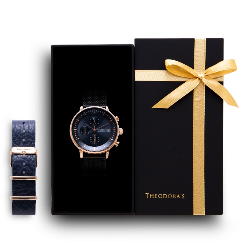 【THEODORA'S】限定禮盒Mercury手錶+替換錶帶2入組-瘋馬皮錶帶-精品紋深藍【希奧朵拉】