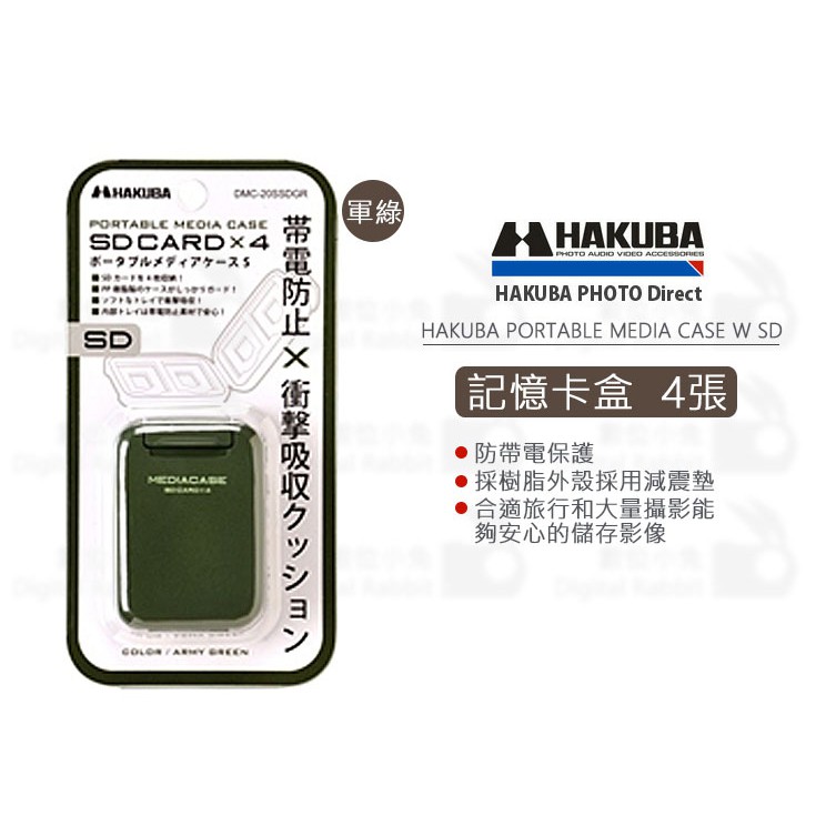 數位小兔【HAKUBA PORTABLE MEDIA CASE S SD 記憶卡盒 四入-軍綠 公司貨 HA37130】