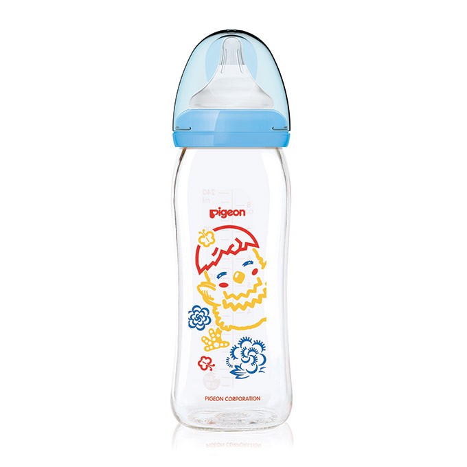 【Pigeon 貝親】寬口玻璃奶瓶240ml/雞年-藍色+贈奶瓶保護套(顏色隨機P26395/P26396)