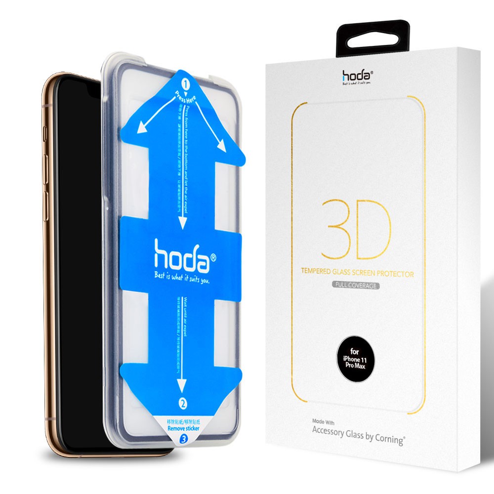 【買一送一】hoda iPhone 11 Pro Max/Xs Max 康寧3D滿版玻璃保護貼 附貼膜神器