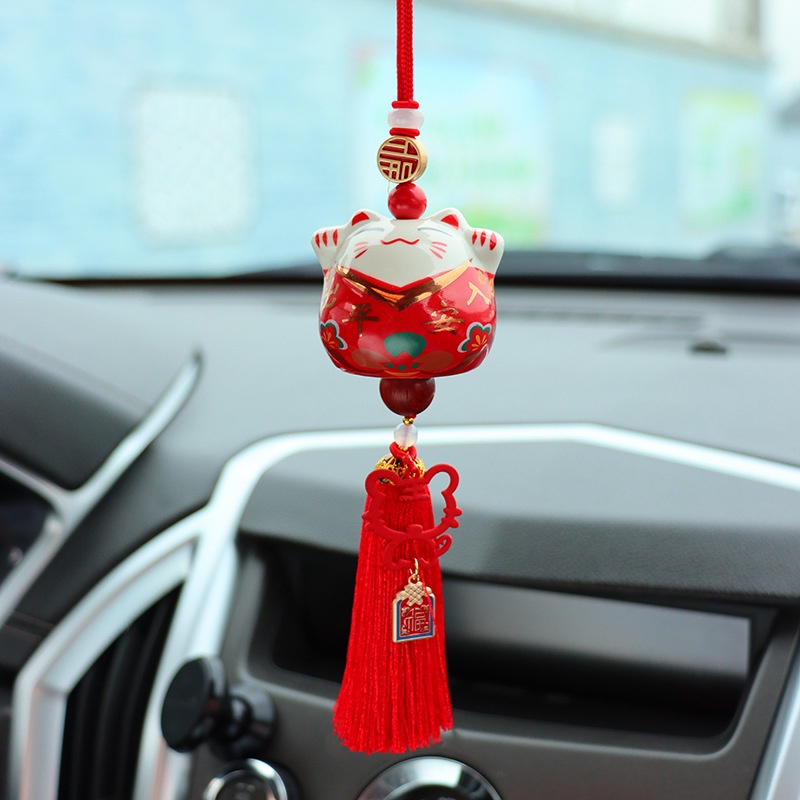 汽車裝飾配件中國風陶瓷招財貓創意汽車后視鏡掛件掛件汽車裝飾用品女士古典風