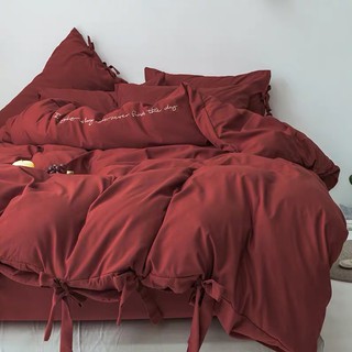 ins網紅款床包四件組 全棉 純棉 四件套 刺繡 被套 床包 簡約 素純色床上用品 4三件套 單人床 綁帶 雙人