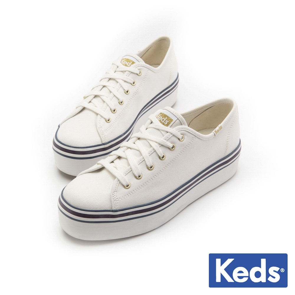 【Keds】TRIPLE UP 復古紅藍雙線滾邊厚底鞋-白