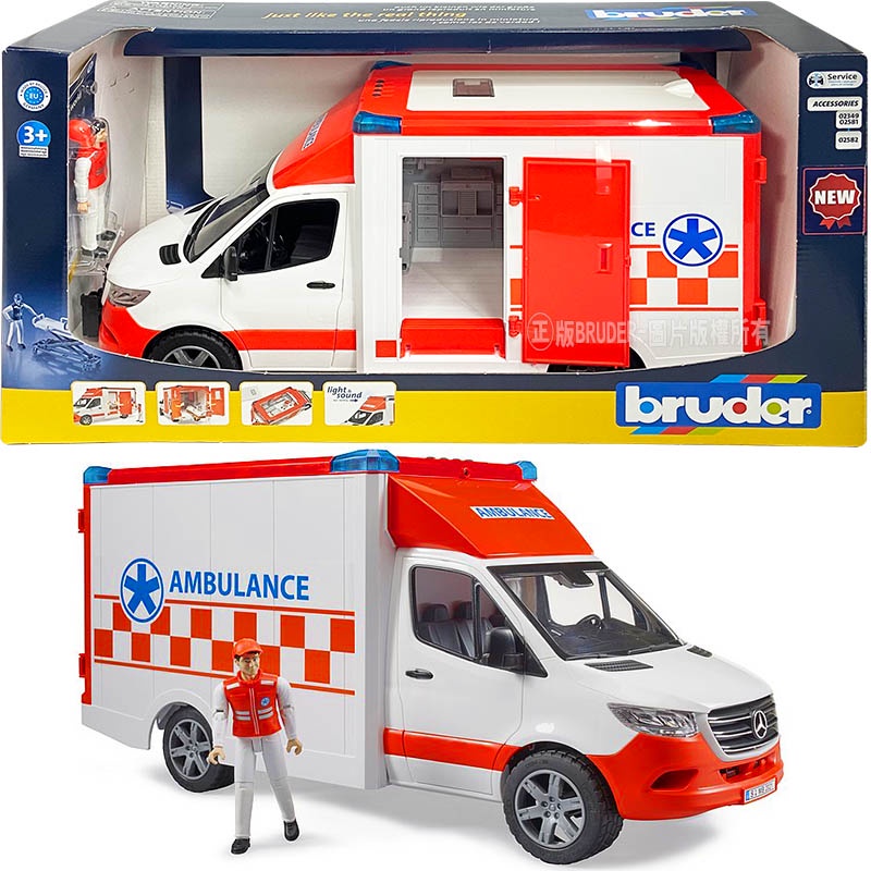 【HAHA小站】RU2676 正版 德國 BRUDER 1:16 賓士 MB 救護車與司機人偶 4段聲光音效 大型汽車