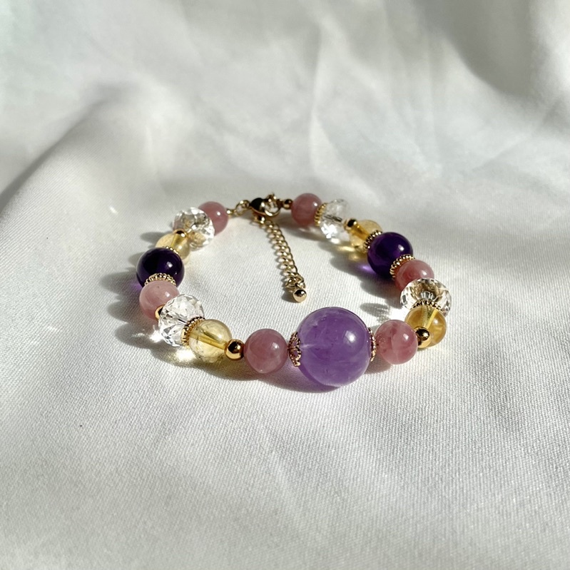 薰衣草紫水晶+粉晶+鑽切白水晶+黃水晶設計款手鍊 串珠DIY
