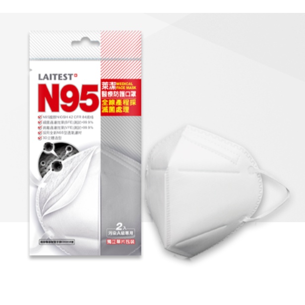 免運 - 萊潔 N95醫療防護口罩(A級空汙專用) 2片/包 白色