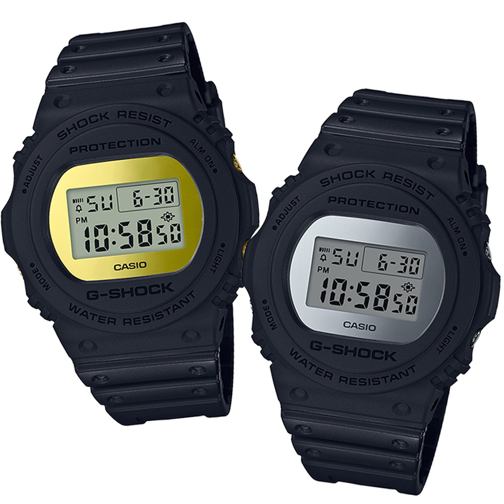 【CASIO】G-SHOCK 35周年復刻經典再現DW-5700系列霧面磨砂黑金屬鏡面設計休閒錶-共2色