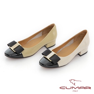 【CUMAR】小方頭拼色織帶飾釦粗跟低跟鞋