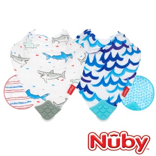 瘋狂寶寶**Nuby 紗布咬咬兜-藍鯊魚/海浪波紋(2入)(4716758720089)