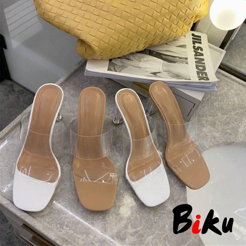 韓系 透明軟矽膠水晶粗跟涼拖鞋 中高跟鞋-BIKU/B酷