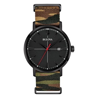 BULOVA 寶路華 簡約黑色素面石英錶 迷彩尼龍錶帶 日期顯示 39mm 98B336 台灣原廠公司貨 保固2年
