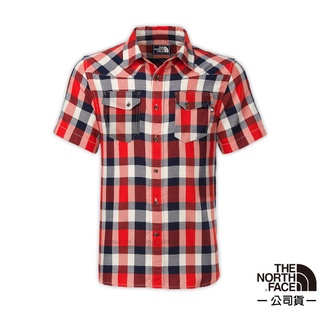 【美國 The North Face】男款 風格短袖襯衫 透氣快乾格子襯衫/火紅_A9BB
