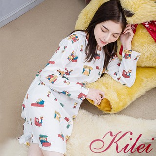 【Kilei】女生睡衣 睡裙 居家服 美式漫畫棉質長袖連身睡衣XA4316(卡通白)全尺碼
