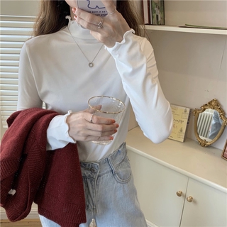 【買到戀愛】 多色木耳邊顯瘦打底 素面長袖 打底 內搭衣 打底衫 女裝 女上衣 秋冬【FM8237】