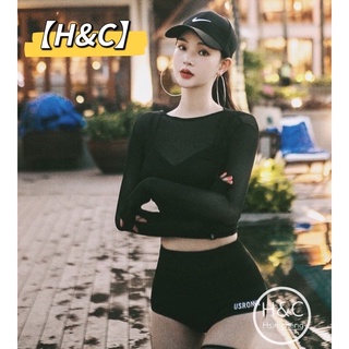 【H&C】歐美 深V 集中美胸 有鋼圈 網紗噴火 極性感 三件式 泳裝 Bikini 海灘 長袖高腰遮肚 泳衣H18