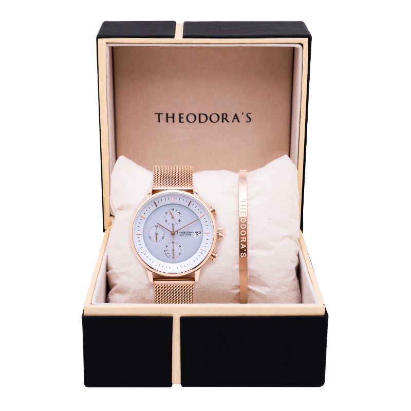 【THEODORA'S】手錶手鍊1+1禮盒-女款 Mercury 手錶 太陽能三眼白【希奧朵拉】