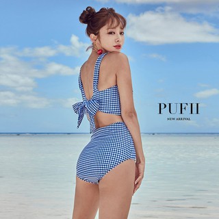 PUFII-泳裝 美胸馬甲式綁結造型泳衣+泳褲格紋兩件式泳衣套裝 -0807 現+預 夏【CP15004】