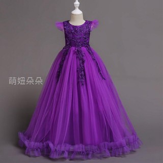♥萌妞朵朵♥飛袖垂花鑽紗擺長拖尾裙(紫色)/小禮服婚紗/公主裙/花童/畢業禮服/MT0089