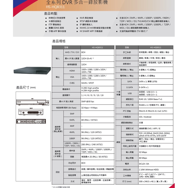 昇銳HI SHAR HS-HQ8311八路5合1數位錄影主機DVR(H.265)※不含硬碟※