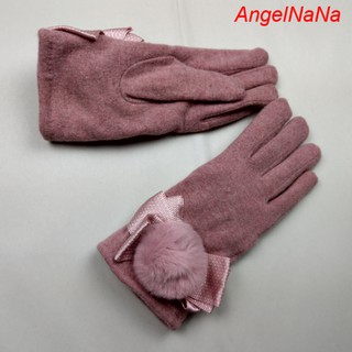 【AngelNaNa】保暖手套-內加絨觸控蝴蝶結兔毛球羊毛羊絨全指分指女手套(SHA0011)