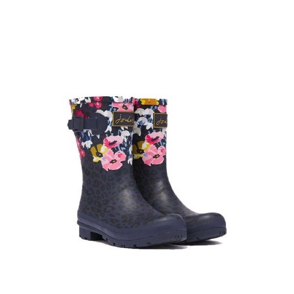 Miolla 英國品牌 Joules 深藍彩色花朵暗底豹紋中筒雨靴/雨鞋