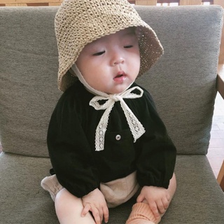 蕾絲抽繩草帽夏季遮陽帽子媽媽寶寶親子同款帽子