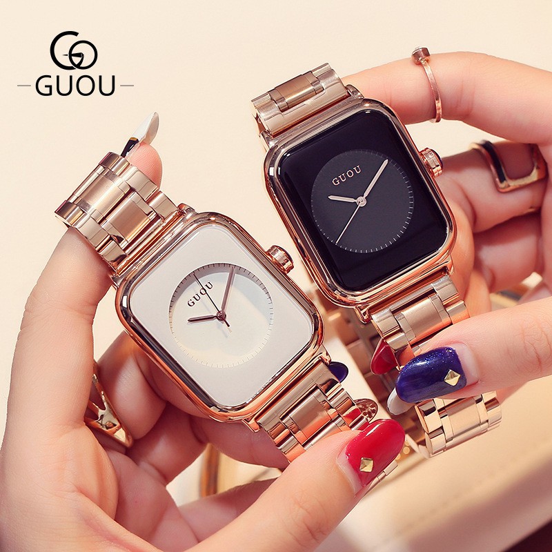 GUOU古歐8162 古歐鋼帶方形手錶女款方形糖果錶盤手錶女士氣質玫金鋼帶手錶女女生禮物 禮品
