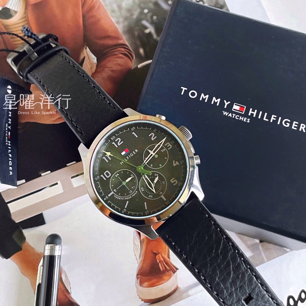 Tommy Hilfiger 男錶 黑色皮革 三眼 男生 手錶 1791856