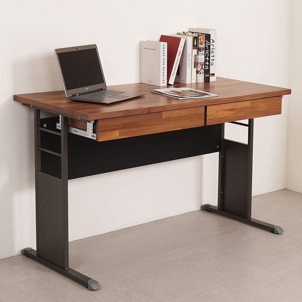 Homelike 克里夫120cm書桌-附抽屜x2(柚木色) 辦公桌 工作桌 書桌 電腦桌