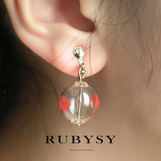 【RUBYSY】復古 紅色金魚玻璃球垂墜925純銀耳針耳環 P107 ❤ 中國古風無耳洞夾式/耳釘 瑞比絲 和風系列