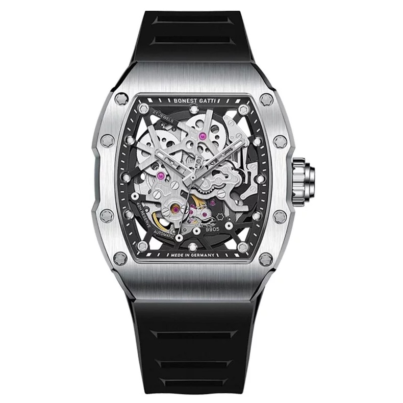 Bonest gatti布加迪德國機械錶/藍寶石鏡面/自動錶/鏤空透底/矽膠橡膠錶帶/瑞士錶/高度防水錶/陀飛輪/寶加地