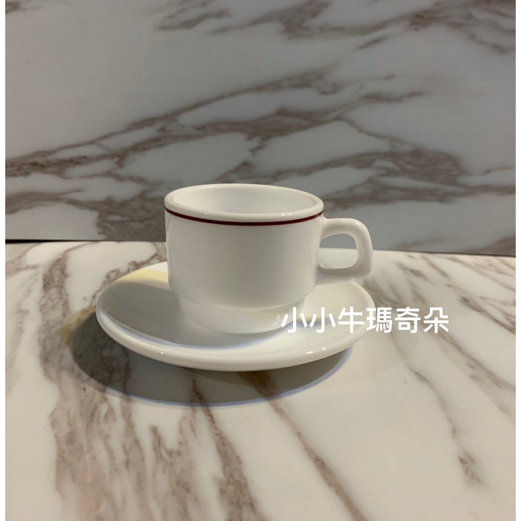 ~小小牛瑪奇朵~早期法國製ARCOPAL白底紅邊咖啡杯盤組espresso杯盤組