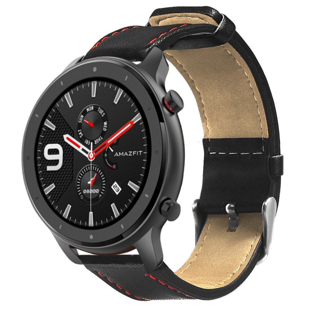 新款 華米GTR智能手錶 Amazfit 紅色車線單面皮質錶帶 小米華米GTR運動手錶替換腕帶 適用於47mm錶盤