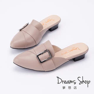 dreams shop mit真皮方釦帶尖頭低跟穆勒鞋3cm 芋粉【xj100-2】大尺碼女鞋37-45