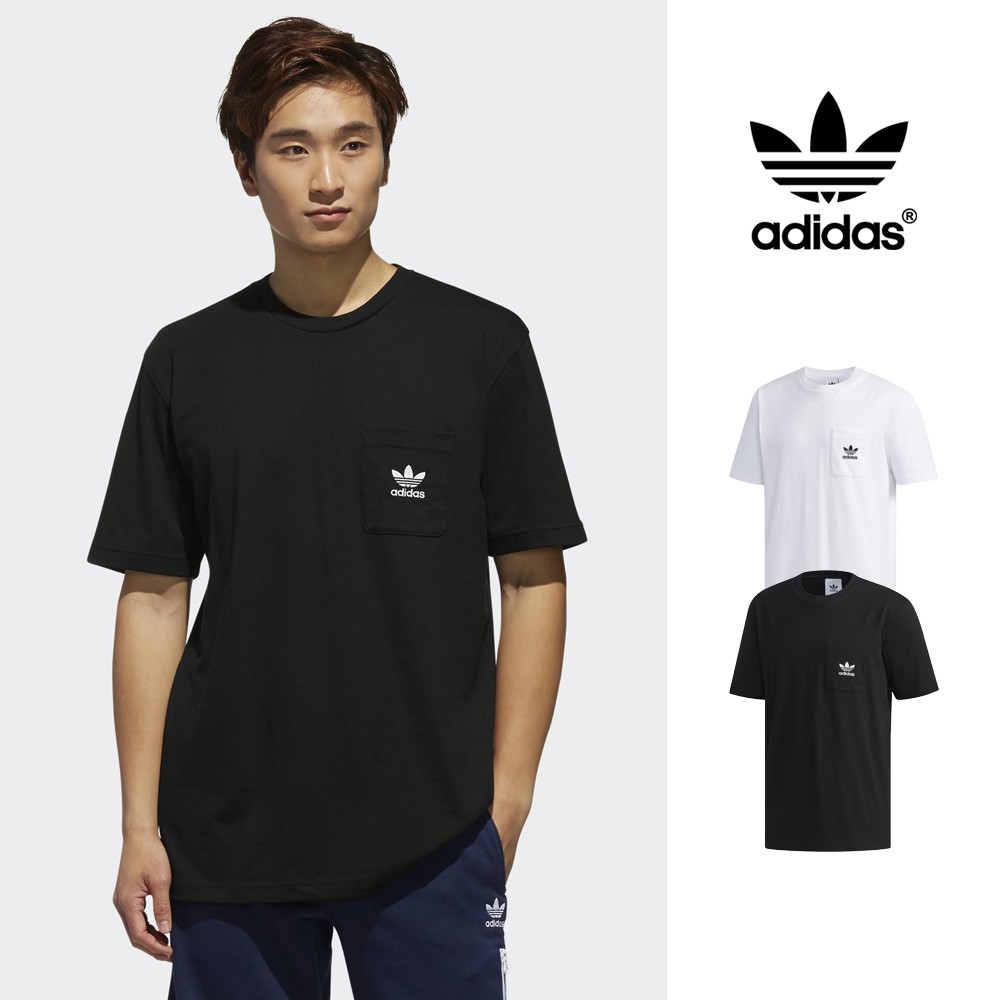 Adidas Originals 黑/白 短袖T恤 純棉 運動 休閒 素色 上衣 短T 口袋T 三葉草 Logo