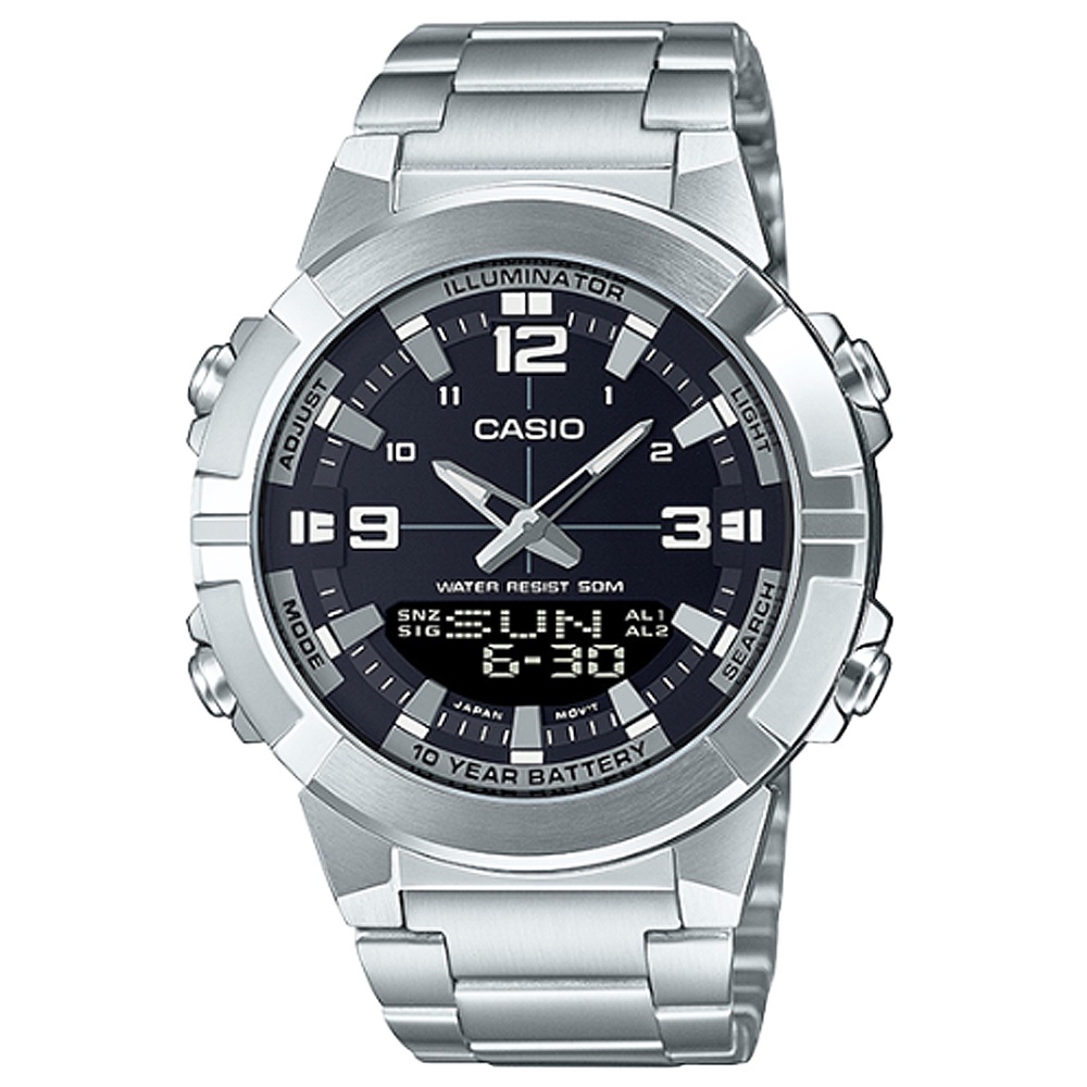 【CASIO】卡西歐 雙顯鋼帶錶-黑 防水50米 AMW-870D-1A 台灣卡西歐保固一年