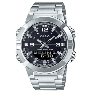 【CASIO】卡西歐 雙顯鋼帶錶-黑 防水50米 AMW-870D-1A 臺灣卡西歐保固一年