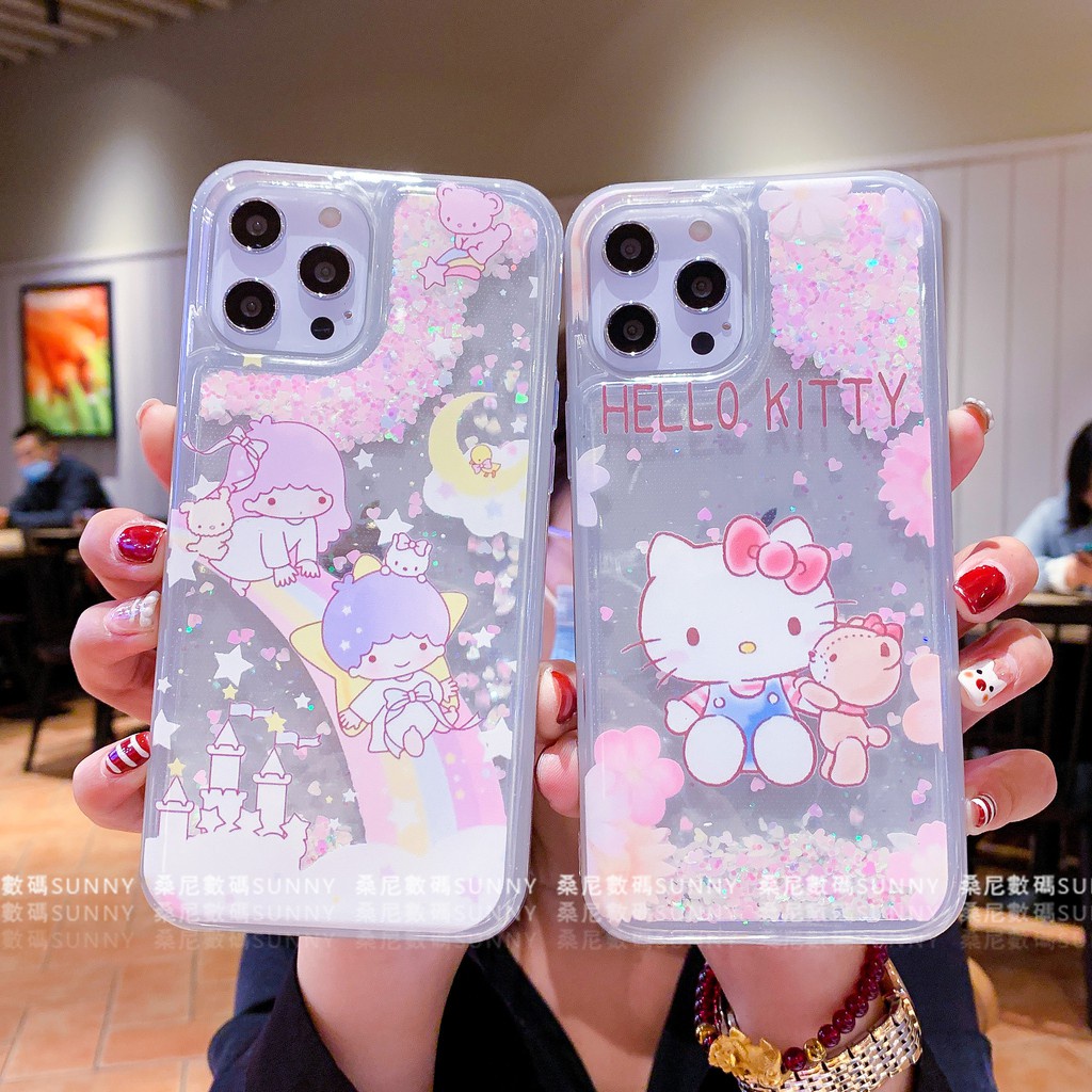 凱蒂貓 雙子星 流沙手機殼 Hello Kitty 亮片 防摔殼 IPhone 13 11 12 Pro Max XR