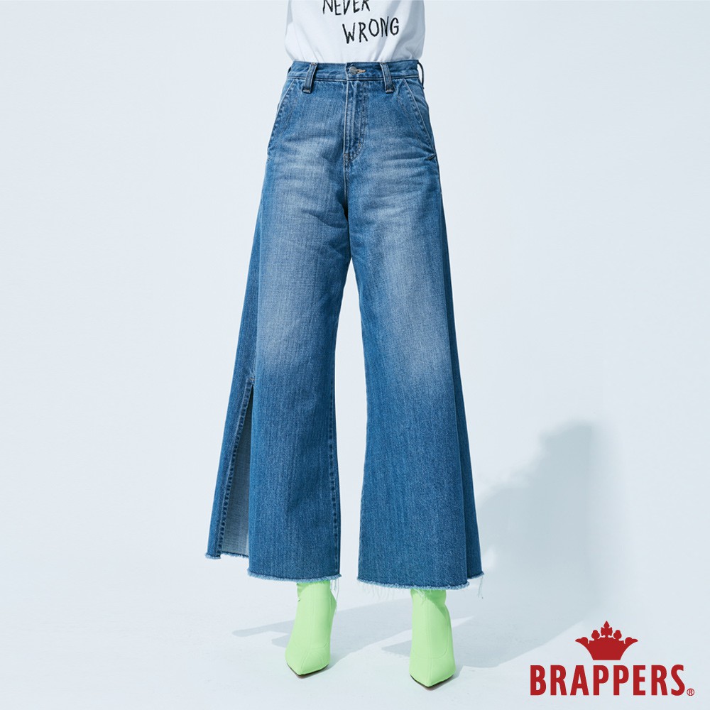 BRAPPERS 女款 Boy friend系列-中高腰褲口不收邊開衩寬褲-淺藍