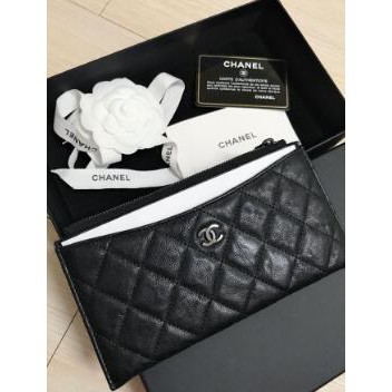 全新正品chanel 香奈兒牛皮扁長夾扁夾黑色銀釦拉鍊長夾皮夾菱格紋現貨 蝦皮購物