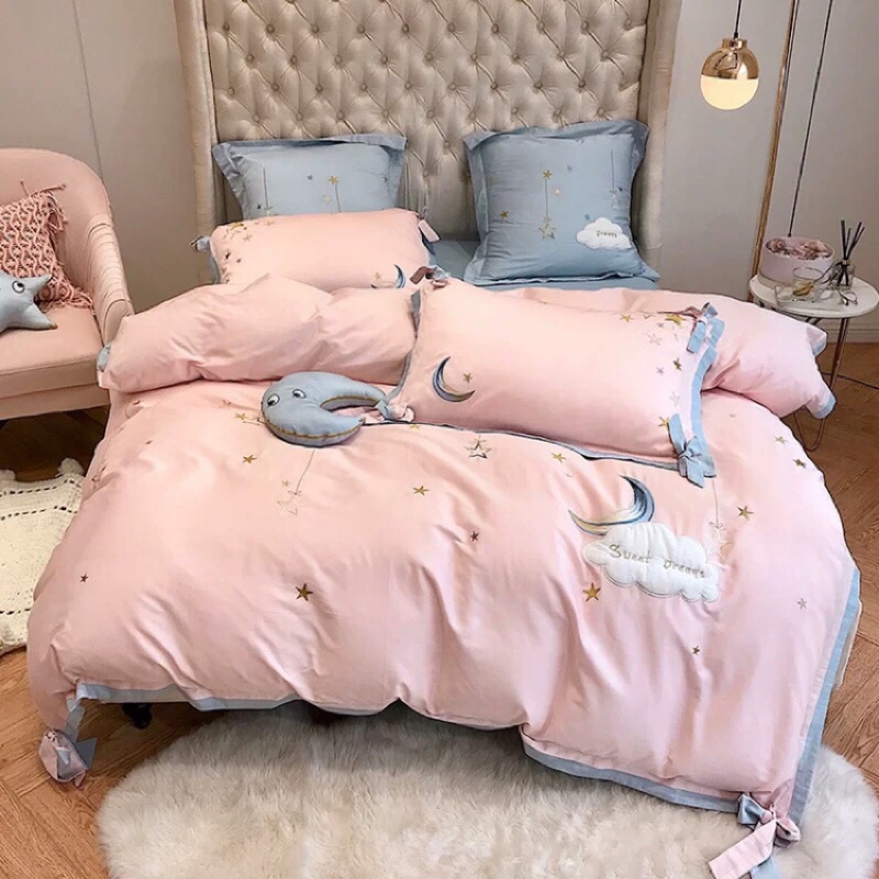 ✅粉色小清新60S埃及長絨棉雙人床包組/床品套組/被套/床罩/床單/枕頭套/寢具/床上多件組