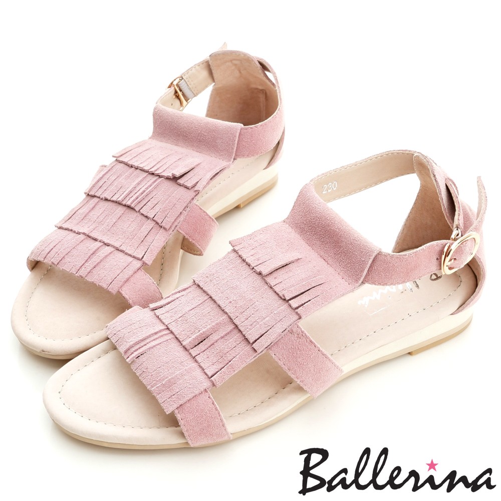 Ballerina-牛麂皮多層流蘇坡跟涼鞋-粉【BD500233IK】