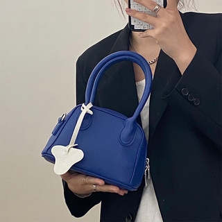 小眾設計藍色手提包 荔枝紋貝殼包 質感單肩包 時尚小包包 洋氣側背包 百搭斜挎包 女包 法棍包