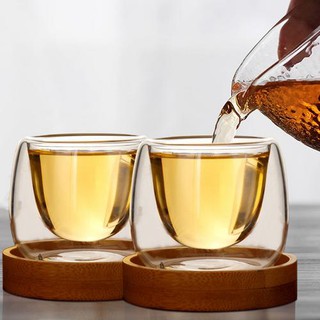 80ml 雙層茶杯 帶木託 手工耐熱玻璃小酒杯咖啡杯 玻璃茶具 高硼矽隔熱品茗杯玻璃杯